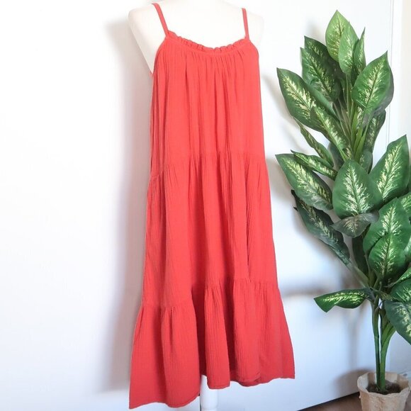 Xirena Cara Red Cotton Gauze Tiered Spaghetti Strap Sleeveless Midi Dress Medium - Picture 8 of 16